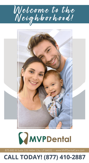 Promotional image for MVP Dental welcoming new patients to the neighborhood. Features a smiling family with a contact number and website for scheduling. Promotes a friendly, community-focused dental service.