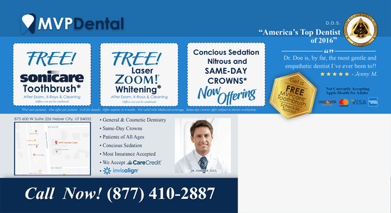 MVP Dental promotional ad offering free Sonicare toothbrush, free Zoom whitening, and conscious sedation services, with the text 'America’s Top Dentist of 2016' displayed prominently.