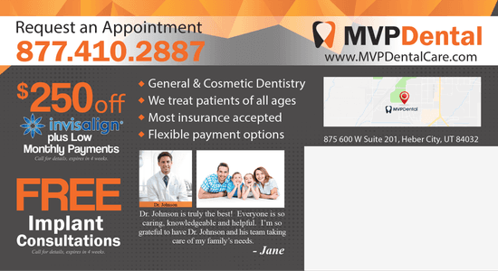 MVP Dental promotional flyer offering $250 off Invisalign treatments with low monthly payments, and free implant consultations. The flyer includes Dr. Johnson's testimonial, praising his care and detailing the flexibility in payment options and insurance acceptance at the clinic.