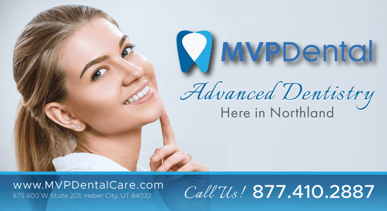 MVP Dental advertisement highlighting advanced dentistry services available in Northland. The flyer features a smiling woman, promoting a welcoming and professional dental environment, and offers contact information for scheduling appointments.