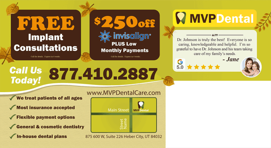 Seasonal promotional flyer from MVP Dental offering free implant consultations, $250 off Invisalign treatments, and showcasing patient satisfaction with Dr. Johnson's care. The flyer is decorated with autumn leaves and includes essential contact and service details.