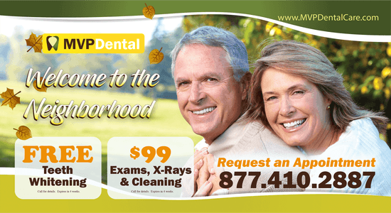 Welcoming flyer from MVP Dental for the neighborhood with special offers including free teeth whitening, and $99 exams, X-rays, and cleaning package. Features a smiling elderly couple enjoying an autumn setting, representing the community-focused approach of the dental practice.