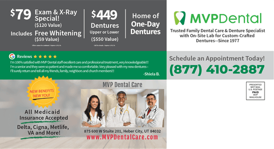 Promotional flyer from MVP Dental featuring a $79 exam and X-ray special that includes free whitening, and $449 denture options. The flyer includes testimonials praising the dental staff for excellent care and highlights new benefits for all patients, with acceptance of all Medicaid insurances.