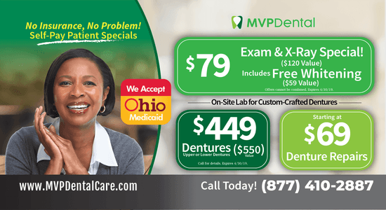 MVP Dental advertising self-pay patient specials with no insurance needed, offering $79 exams and X-rays including free whitening, and denture services starting at $449. The flyer emphasizes the convenience of their on-site lab for custom-crafted dentures and includes a special promotion for denture repairs starting at $69.