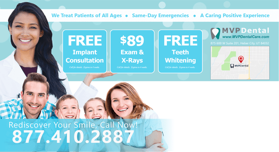 Flyer for MVP Dental highlighting their commitment to patient care, featuring free implant consultations, $89 exams and X-rays, and free teeth whitening. The design includes images of a diverse group of happy patients and a female dental professional.