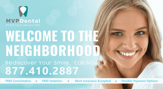 Welcome flyer from MVP Dental offering a free consultation and sedation, promoting a rediscovery of your smile with the tagline 'Welcome to the Neighborhood'. Features a smiling young woman, emphasizing friendly and accessible dental services.