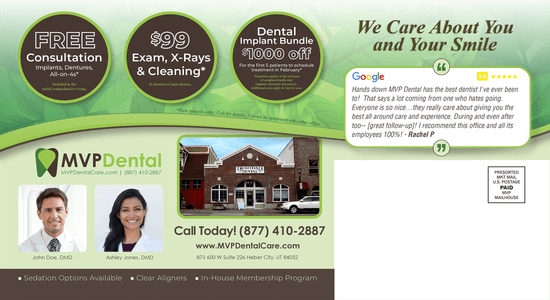 Marketing template for MVP Dental highlighting their comprehensive dental care services. Offers include a free consultation, $99 exams, X-Rays, and cleaning, along with $1000 off dental implant bundles. Features images of dental professionals and a testimonial emphasizing caring and professional service.