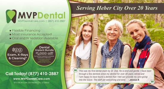 Flyer for MVP Dental celebrating over 20 years of service in Heber City. Promotions include $99 for exam, X-rays, and cleaning, and $1000 off dental implant bundles. The flyer also features a multi-generational image of women enjoying outdoor activities, highlighting the long-term commitment of MVP Dental to community health.