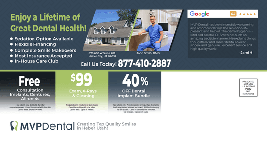 Promotional flyer for MVP Dental highlighting a variety of dental services including free consultations, $99 exam, X-ray, and cleaning package, and 40% off on dental implant bundles. The flyer features images of a dental office and a happy middle-aged couple smiling.