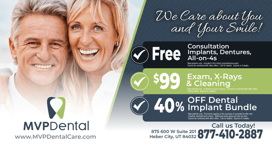 MVP Dental flyer promoting a lifetime of great dental health with services like sedation options, flexible financing, and complete smile makeovers. The flyer includes an image of the dental clinic and a positive Google review highlighting patient satisfaction with the care received.