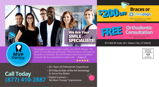 Promotional dental flyer for MVP Dental featuring orthodontic specials, including $200 off braces or Invisalign and a free consultation, with contact information and website link for scheduling.