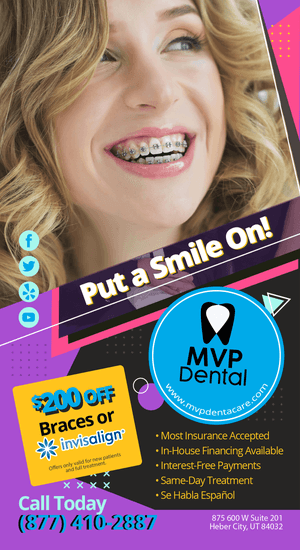 Advertisement showcasing a woman smiling with braces, promoting MVP Dental's $200 discount on braces or Invisalign and orthodontic consultation services.