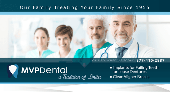 Advertising banner for MVP Dental with a message of 'Our Family Treating Your Family Since 1955', highlighting dental services such as implants and clear aligner braces. The image shows a diverse team of dental professionals smiling and interacting in a clinical setting.