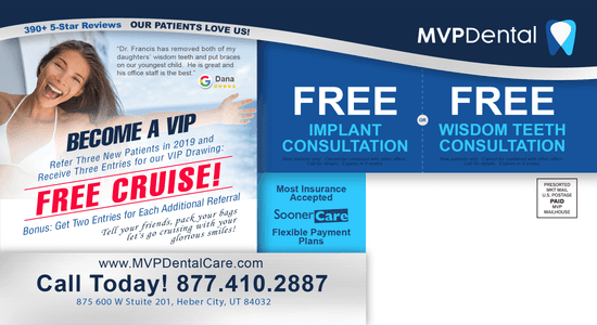 MVP Dental promotional flyer featuring a free cruise offer for VIP referrals and free consultations for implants and wisdom teeth, with 390+ 5-star reviews highlighted.