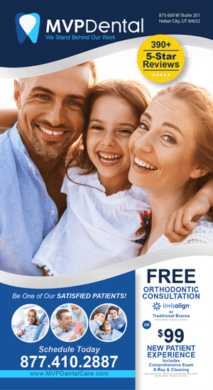 MVP Dental advertisement with a smiling family, promoting a free orthodontic consultation or a new patient special for $99, celebrating over 390 5-star reviews.
