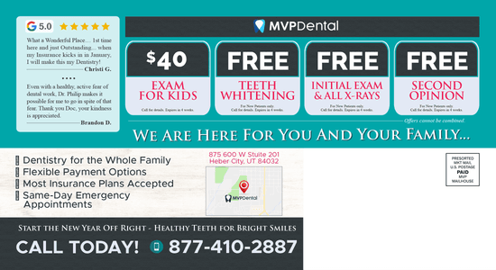 Dental promotional template for MVP Dental featuring special offers such as $40 exam for kids, free teeth whitening, and free initial exam with X-rays. Includes patient testimonials and contact information for their Heber City location.