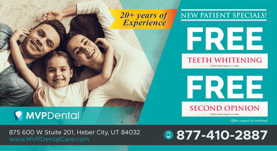 Advertisement for MVP Dental highlighting '20+ years of experience' with new patient specials including free teeth whitening and a free second opinion. Shows a joyful family lying together, smiling at home.