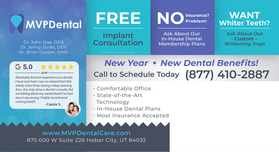 MVP Dental flyer promoting various services including free implant consultations, dental plans, and whitening trays. Features testimonials and information on insurance acceptance, emphasizing comfort and modern dental technology.