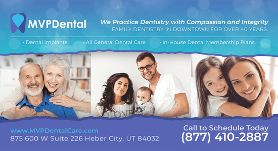 Promotional material for MVP Dental highlighting their long-standing practice in family dentistry, offering dental implants and general dental care, with a diverse family smiling and enjoying the benefits of their dental services.