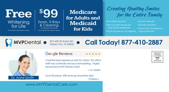 Marketing template for MVP Dental highlighting offers like $99 for exam, X-rays, and cleaning, plus free whitening for life, featuring an engaging image of a father and daughter smiling and interacting joyfully.