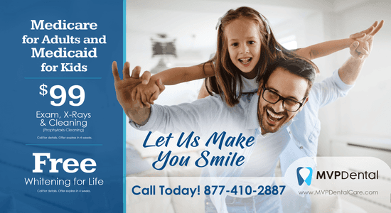 MVP Dental promotional flyer showcasing dental offers, including free whitening for life and a $99 service package for exams, X-rays, and cleaning. The flyer also features testimonials from satisfied customers and services like Medicare for adults and Medicaid for kids.