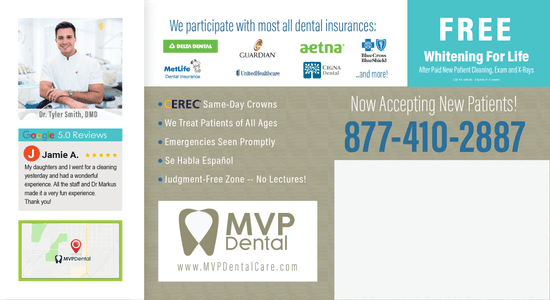 Marketing template featuring Dr. Tyler Smith from MVP Dental, with highlights on accepting most dental insurances, various service offers like CEREC crowns, and a positive Google review from a patient named Jamie A.