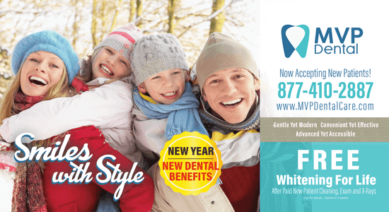 Promotional banner for MVP Dental with a winter theme, showing a happy family enjoying the snow, promoting free whitening for life with new patient services, and highlighting new dental benefits for the year.