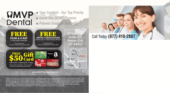 MVP Dental advertisement featuring free dental exam, X-ray, ortho consultation, and a $50 Amazon gift card offer, showing a map and team photo.
