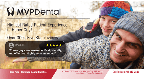 MVP Dental advertisement highlighting the highest rated patient experience in Heber City, with over 300 five-star reviews and services listed.