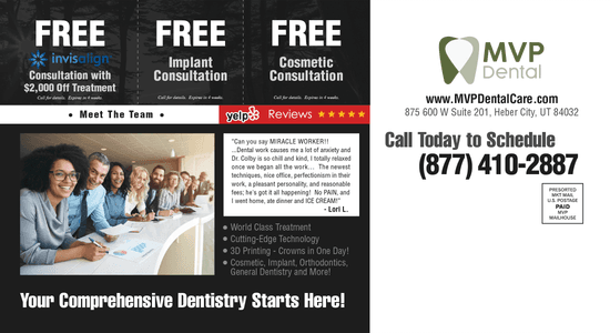 Promotional advertisement for MVP Dental featuring free consultations for Invisalign, implants, and cosmetic dentistry, along with positive Yelp reviews and an image of a diverse professional team