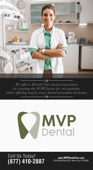 Advertisement for MVP Dental showcasing a smiling female dentist in a modern clinic setting, promoting a world-class dental experience with cutting-edge technology