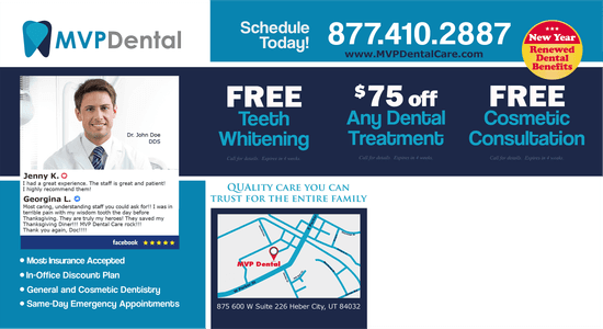 MVP Dental advertisement showing services like Free Teeth Whitening, discounts on dental treatments, and Free Cosmetic Consultation with images of happy patients and contact information.