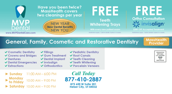 Comprehensive dental services advertisement for MVP Dental featuring various services like general, family, and cosmetic dentistry listed beside a map showing the clinic's location on 875 600 W Suite 201, Heber City, UT.