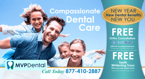 Advertisement for MVP Dental showcasing family enjoying time together with promotions for free orthodontic consultations, teeth whitening trays, and highlighting 'New Year, New Dental Benefits' against a vibrant blue background.