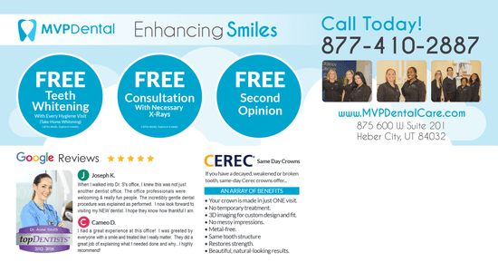 MVP Dental advertising image featuring free consultation services, second opinion, and teeth whitening offers, with contact details and customer testimonials displayed.