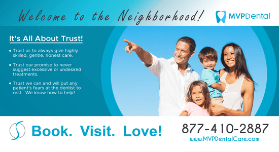 MVP Dental promotional image welcoming new neighbors with free dental care offers and a warm family image, emphasizing trust and quality care.