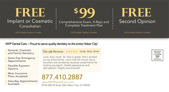 MVP Dental advertisement showcasing a $99 comprehensive exam and X-ray offer, alongside free consultations for implants or cosmetic procedures, and a free second opinion, emphasizing the clinic's flexible payment options and insurance acceptance.
