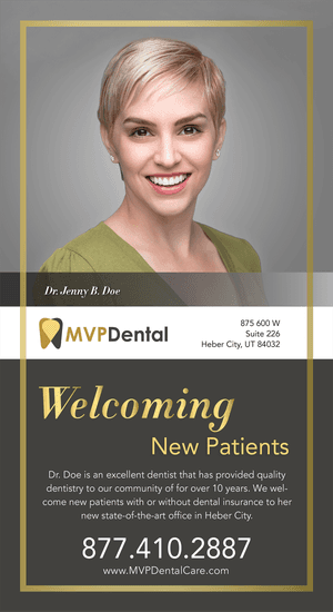 Welcoming new patients promotional poster for MVP Dental featuring Dr. Jenny B. Doe and offering a free implant or wisdom teeth consultation or a comprehensive exam and cleaning for $99, highlighting the use of tax refunds for dental investments.