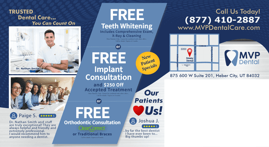 Dental service advertisement featuring Dr. Nathan Smith and testimonials from satisfied patients, highlighting free services and promotions, with a map location for MVP Dental in Heber City, Utah.