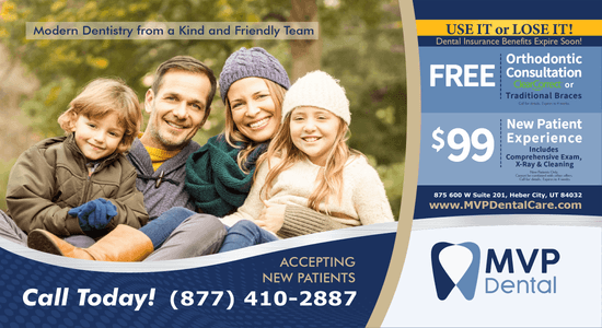 Family-focused dental care advertisement highlighting free orthodontic consultations and a special new patient experience pricing, set against a backdrop of a family enjoying a fall day.