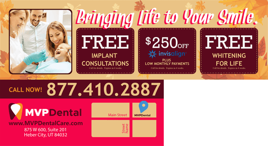 MVP Dental advertisement highlighting dental service offers, including free implant consultations, $250 off Invisalign, and free whitening for life, against a fall-themed background with a smiling family receiving dental care.