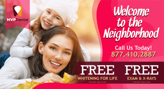 MVP Dental advertisement highlighting dental service offers, including free implant consultations, $250 off Invisalign, and free whitening for life, against a fall-themed background with a smiling family receiving dental care.
