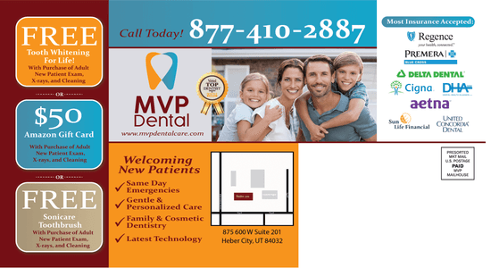 MVP Dental promotional graphic featuring free tooth whitening for life, $50 Amazon gift card, and free Sonicare toothbrush offers, with a call to action and contact information.