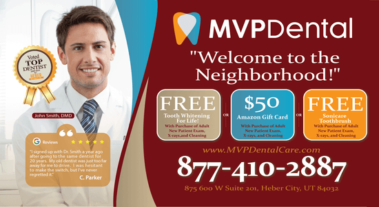 MVP Dental advertisement showing a welcoming message 'Welcome to the neighborhood!' alongside promotional offers for tooth whitening, Amazon gift card, and Sonicare toothbrush, including dentist John Smith's photo and customer testimonial by C. Parker.