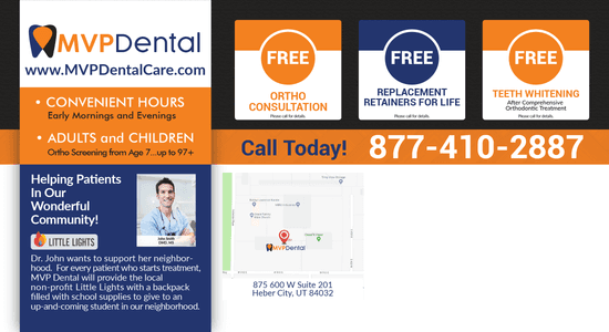 MVP Dental promotional banner highlighting community engagement, offering free orthodontic consultations, replacement retainers for life, and teeth whitening services. The banner features a map and details about the dental clinic's location in Heber City, Utah.