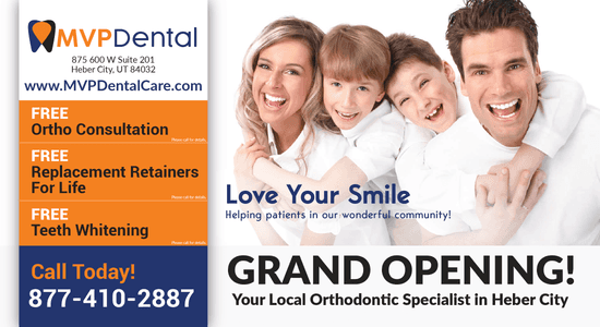 MVP Dental advertising banner presenting a family-friendly offer including free ortho consultation, replacement retainers for life, and teeth whitening. It shows a happy family smiling, emphasizing the clinic's focus on providing dental care for the community in Heber City.