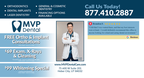 Promotional flyer for MVP Dental showcasing offers including a $69 exam, X-Rays & cleaning package, a $99 whitening special, and free orthodontic & implant consultations, featuring an image of Dr. John Smith and a patient testimonial by Brandon F.