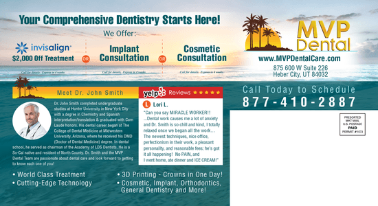 Promotional image for MVP Dental highlighting modern dentistry with a portrait of Dr. John Smith against an ocean and palm trees background, mentioning services like 3D printing crowns and comprehensive dental procedures available in-house.