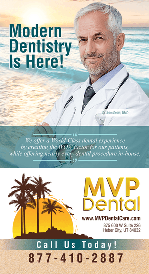 Promotional image for MVP Dental highlighting modern dentistry with a portrait of Dr. John Smith against an ocean and palm trees background, mentioning services like 3D printing crowns and comprehensive dental procedures available in-house.