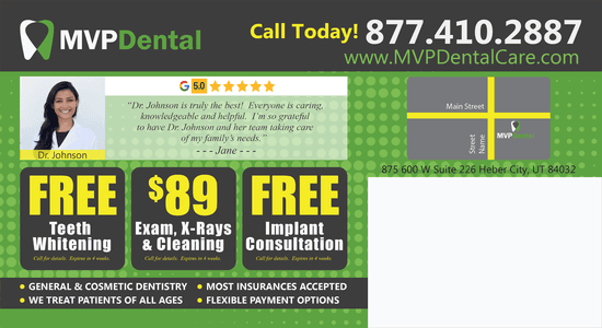 Dental advertisement featuring Dr. Johnson offering free teeth whitening, $89 exam, X-rays and cleaning, and free implant consultation. Contains contact information and a quote from a satisfied patient, Jane.